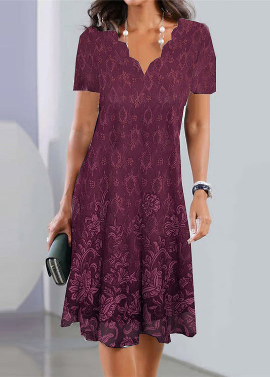 Elegant Purple V Neck Lace Wrinkled Mid Dress Summer