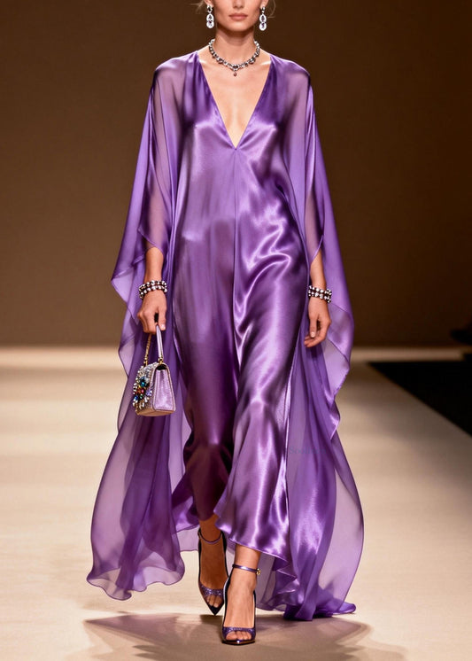 Elegant Purple V Neck Silk Long Dress Spring