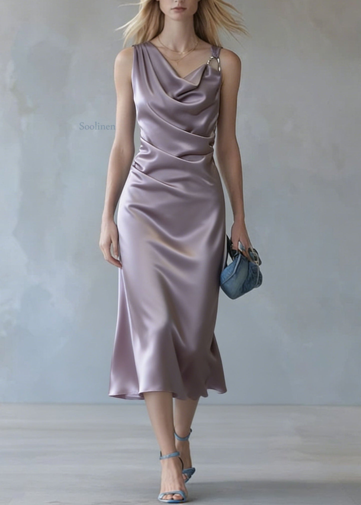 Elegant Purple Wrinkled Silk Spaghetti Strap Dress Summer