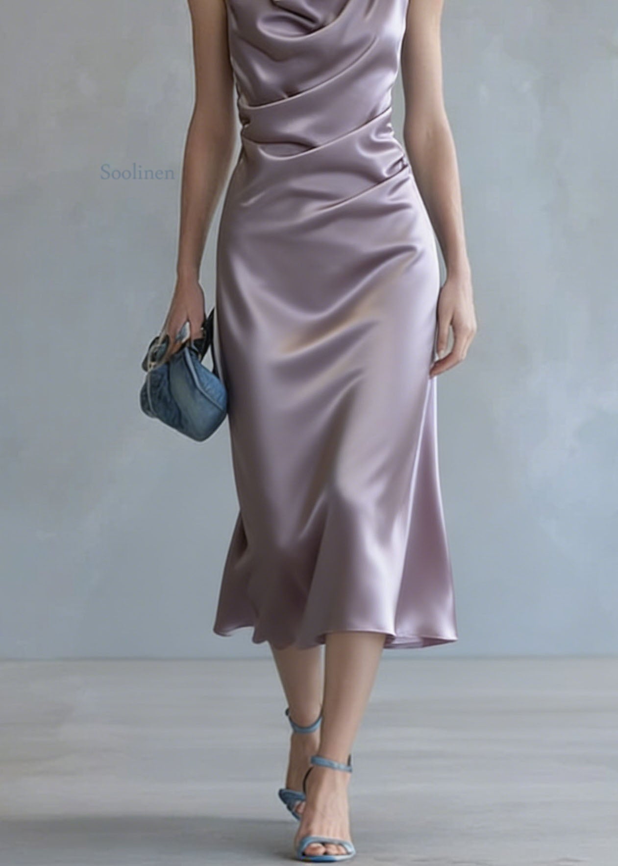Elegant Purple Wrinkled Silk Spaghetti Strap Dress Summer