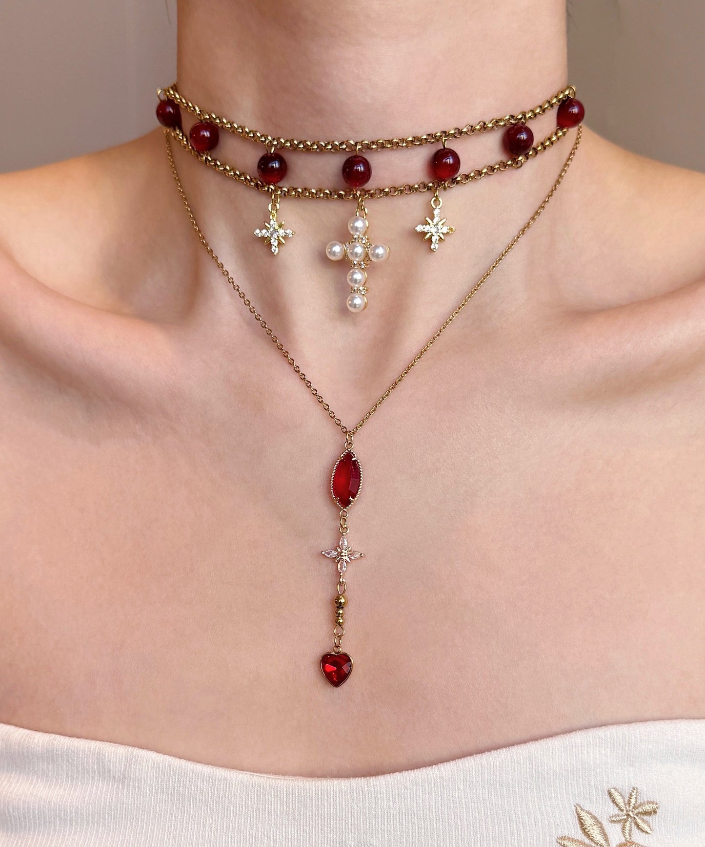 Elegant Red Cat's Eye Cross Layering Alloy Two Piece Set Pendant Necklace