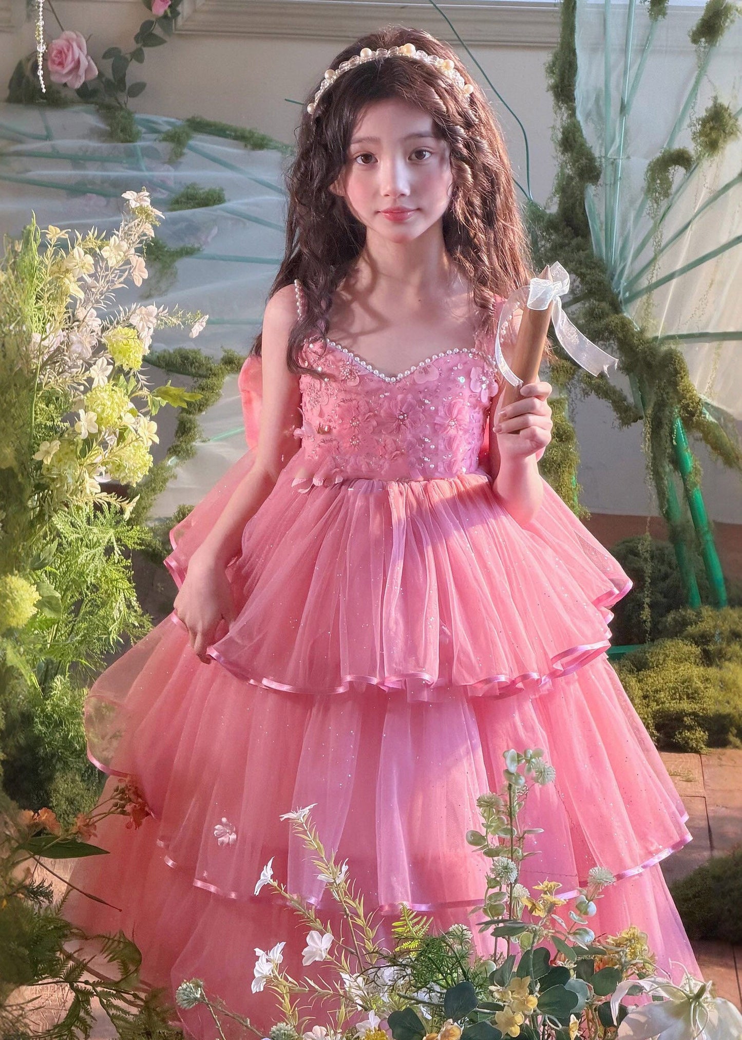 Elegant Red Nail Bead Tulle Kids Maxi Spaghetti Strap Dresses Sleevel