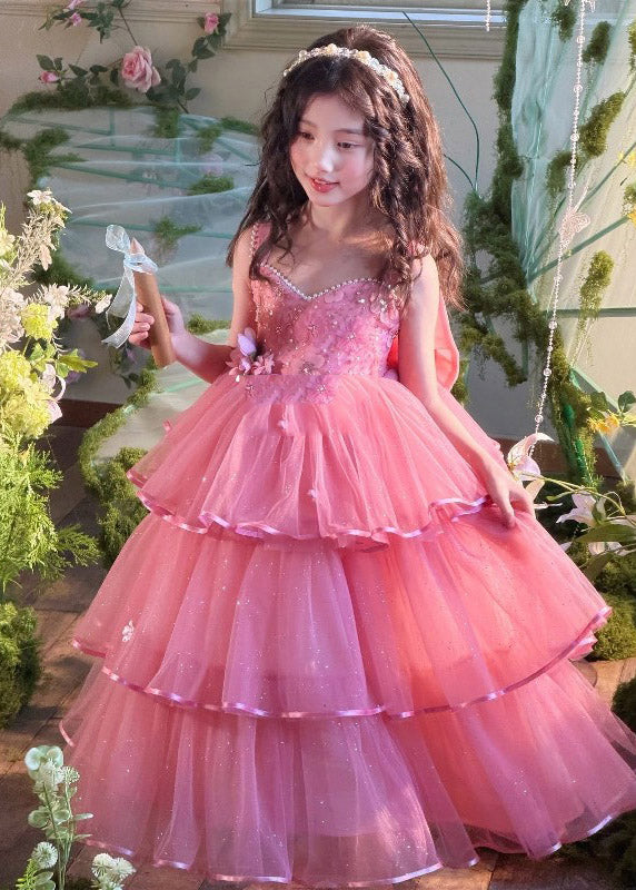 Elegant Red Nail Bead Tulle Kids Maxi Spaghetti Strap Dresses Sleevel