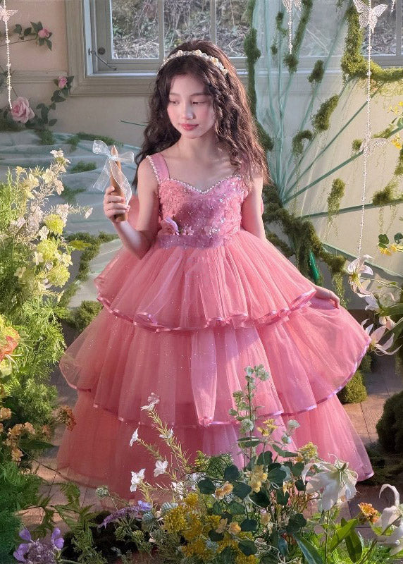 Elegant Red Nail Bead Tulle Kids Maxi Spaghetti Strap Dresses Sleevel