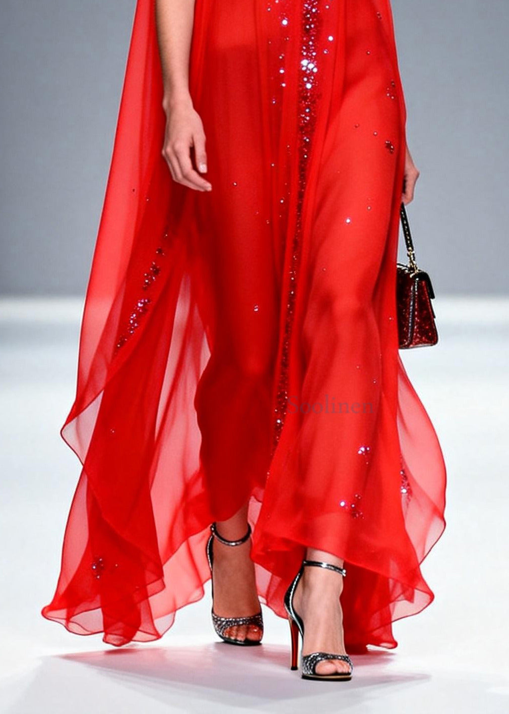 Elegant Red Rhinestone Exra Large Hem Chiffon Party Dresses Sleeveless