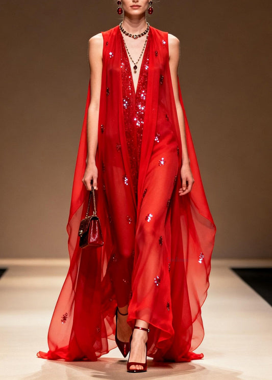 Elegant Red V Neck Zircon Patchwork Chiffon Dress Summer
