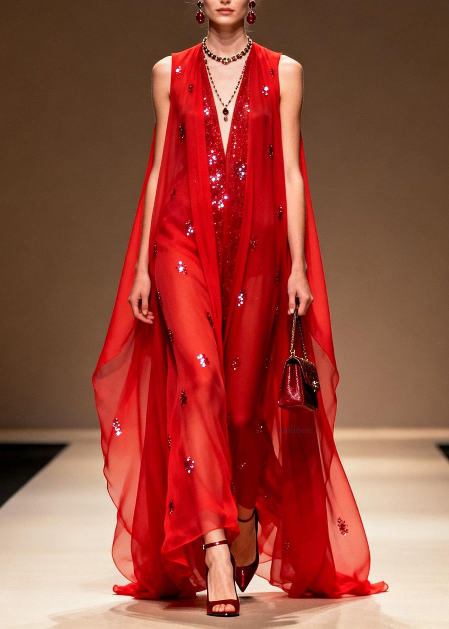Elegant Red V Neck Zircon Patchwork Chiffon Dress Summer