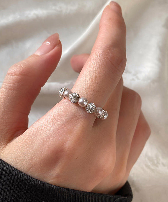 Elegant Rose Pink Pearl Elastic Rope Alloy Rings