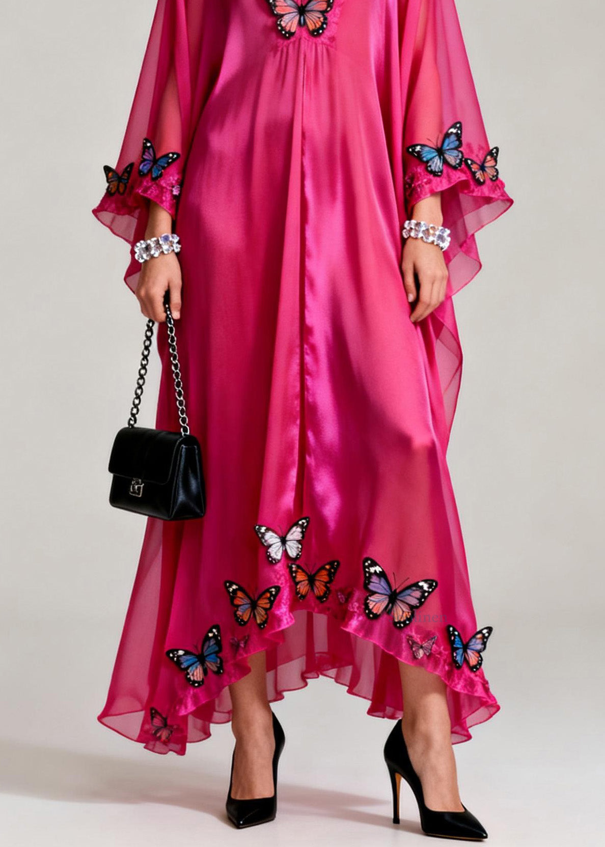 Elegant Rose V Neck Butterfly Silk Maxi Dresses Spring
