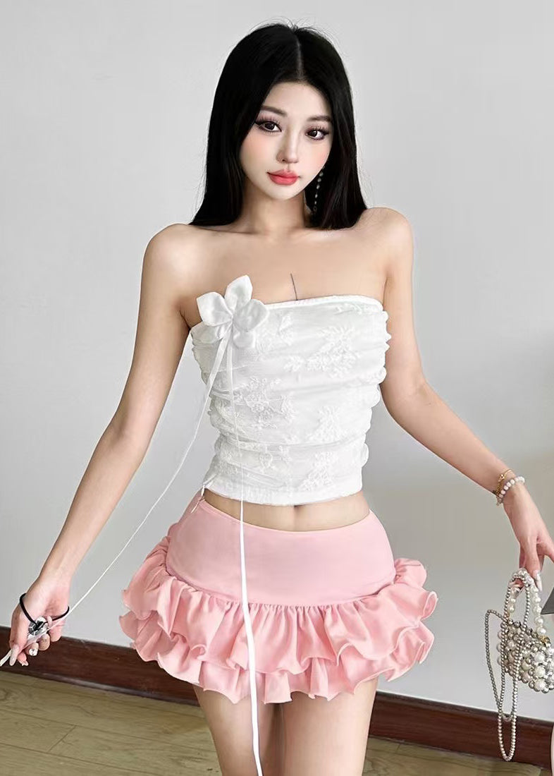 Elegant Ruffled Floral Strapless Tops And Skirts Two Pieces Set Summer