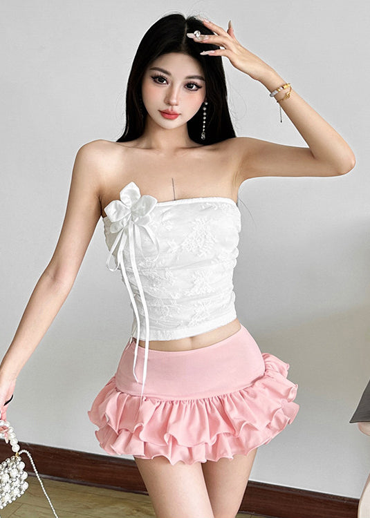 Elegant Ruffled Floral Strapless Tops And Skirts Two Pieces Set Summer