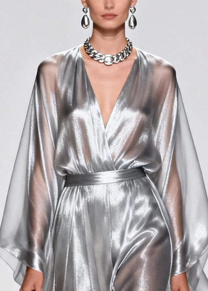 Elegant Silvery Tunic Draping Chiffon Long Dress Summer