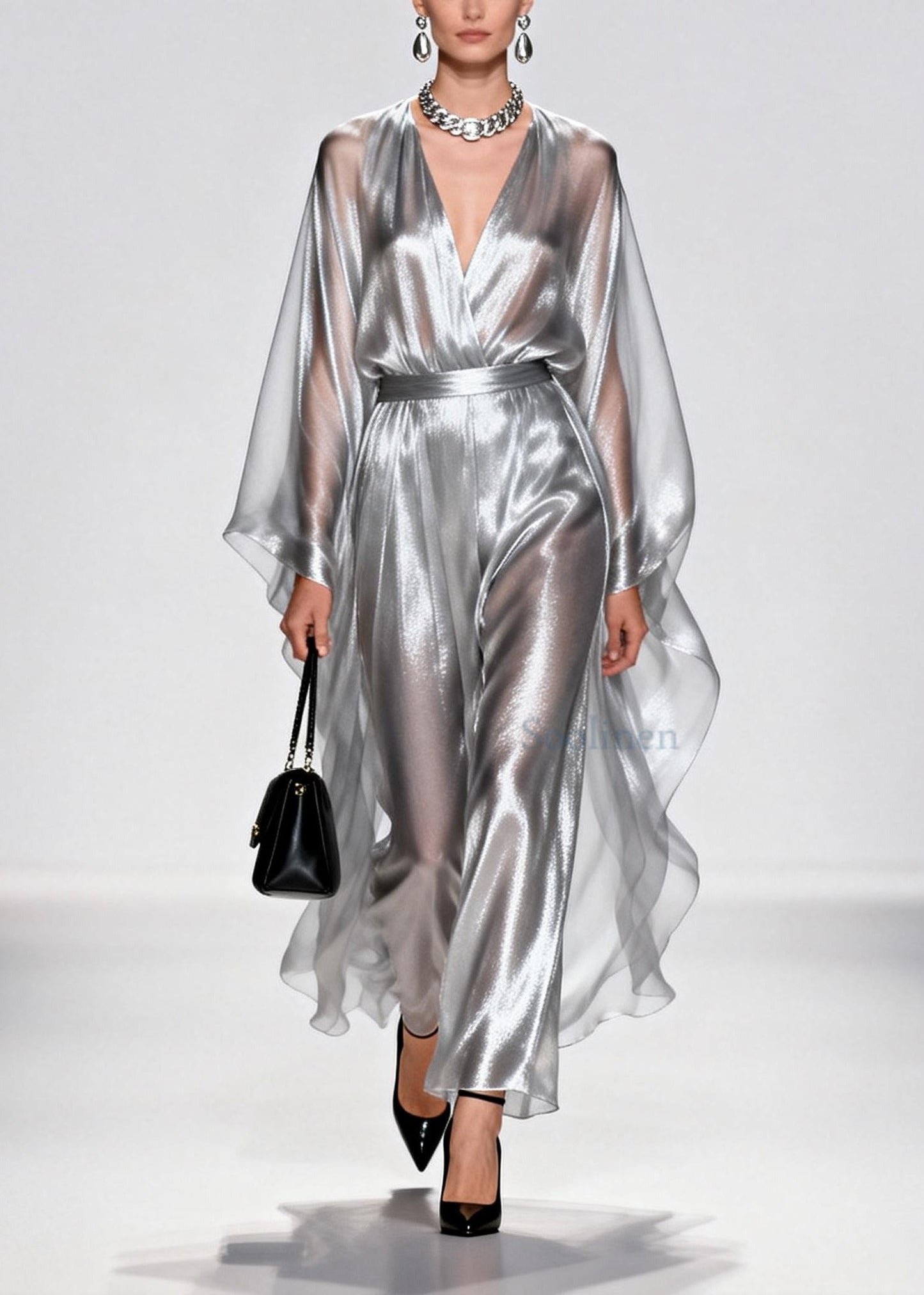 Elegant Silvery Tunic Draping Chiffon Long Dress Summer