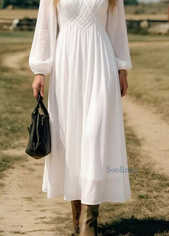 Elegant Simple White V Neck Chiffon Long Dress Spring