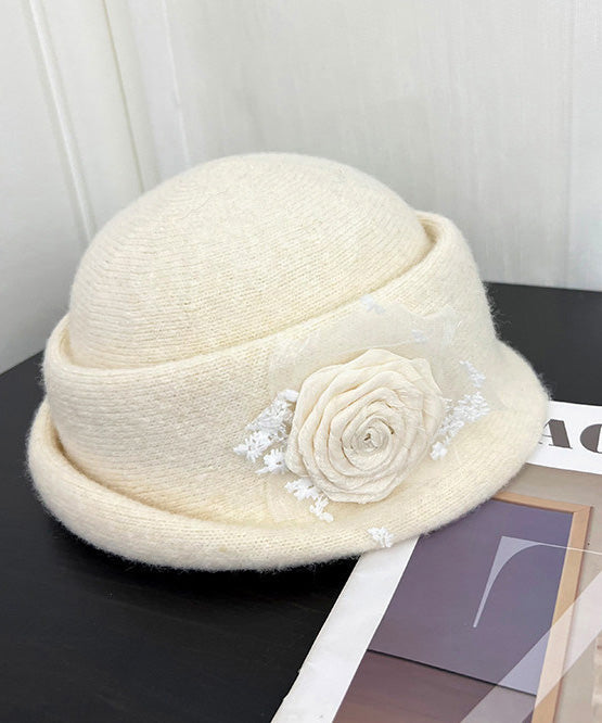Elegant Stylish Beige Floral Knit Beret Hat