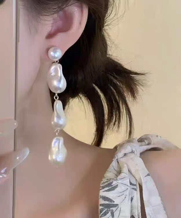 Elegant White Alloy Pearl Tassel Drop Earrings