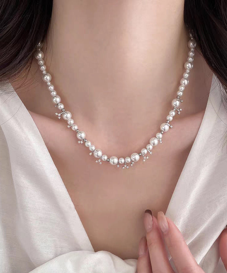 Elegant White Alloy Zircon Pearl Beading Gratuated Bead Necklace
