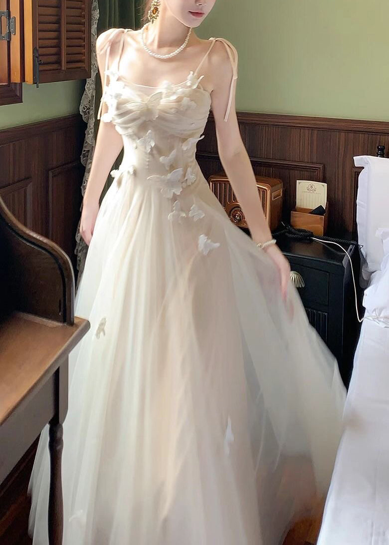 Elegant White Cold Shoulder Butterfly Tulle Maxi Spaghetti Strap Dress Summer