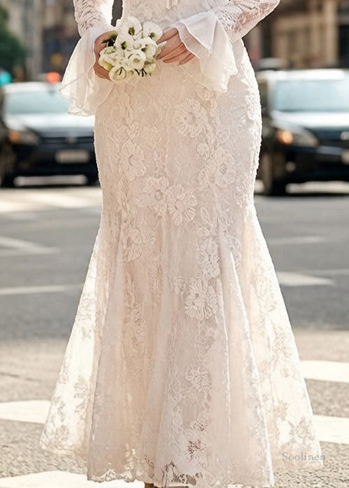 Elegant White Embroidered Lace Up Fish Tail Dress Flare Sleeve