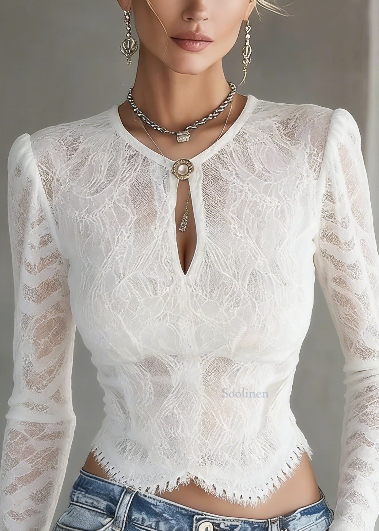 Elegant White O Neck Lace T Shirts Top Spring