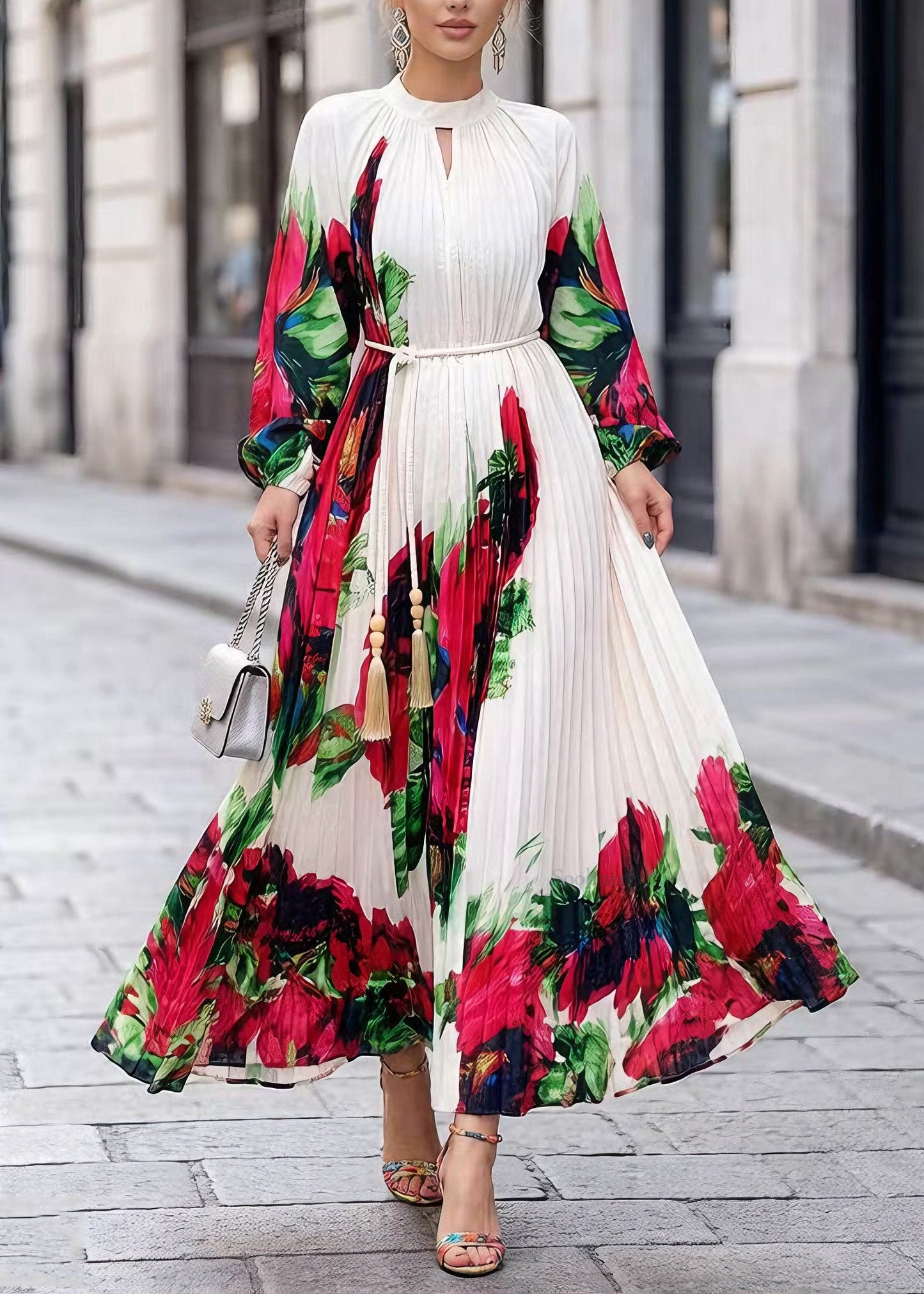 Elegant White O Neck Print Chiffon Maxi Dresses Spring