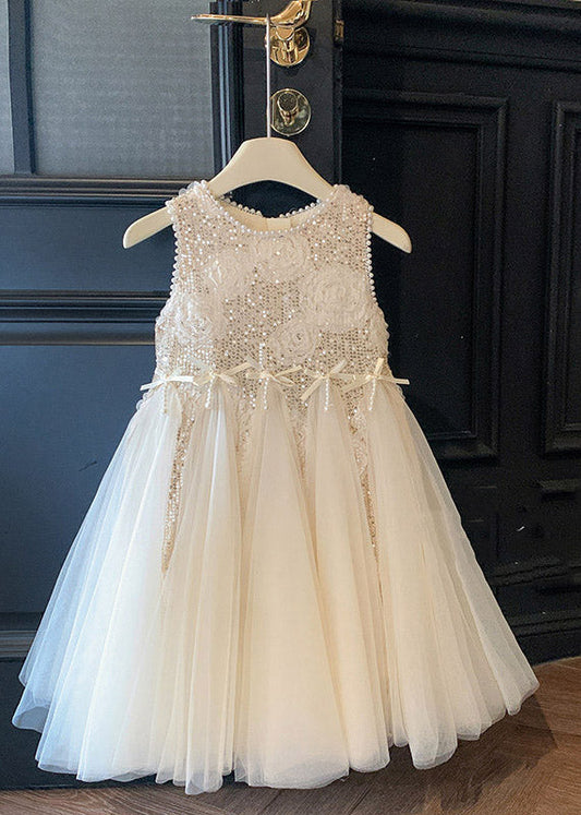 Elegant White O-Neck Sequins Patchwork Tulle Girls Long Dress Summer