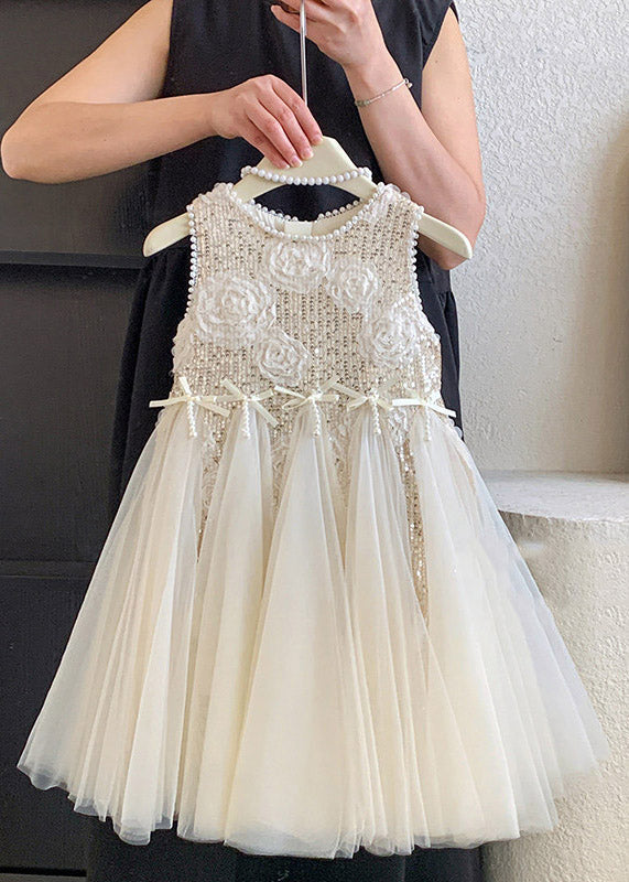 Elegant White O-Neck Sequins Patchwork Tulle Girls Long Dress Summer