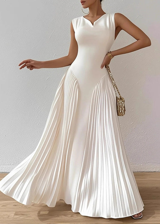 Elegant White O Neck Wrinkled Patchwork Cotton Long Dresses Sleeveless