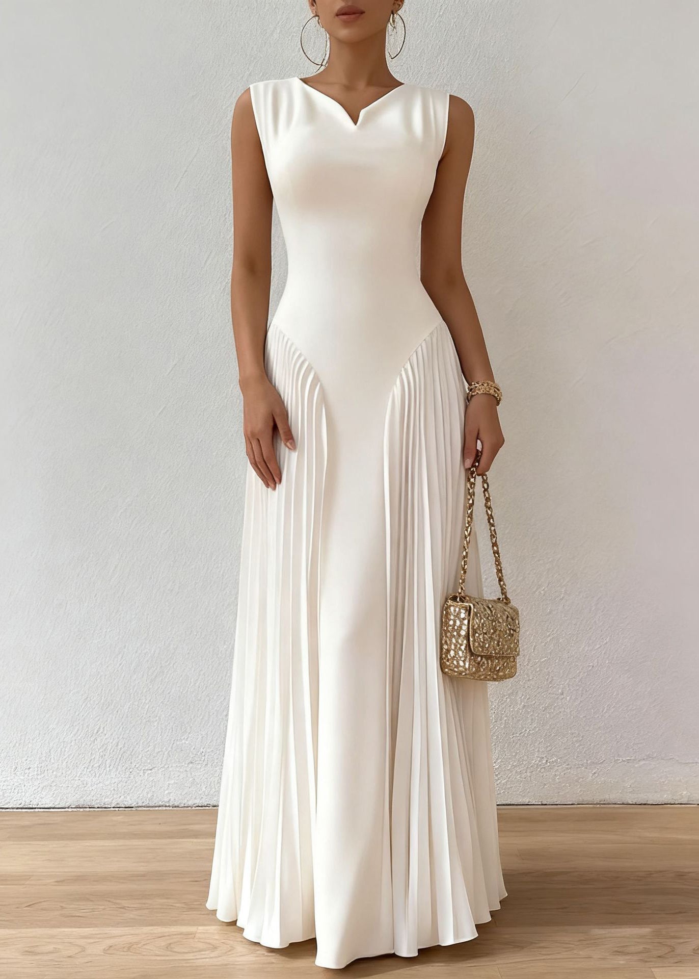 Elegant White O Neck Wrinkled Patchwork Cotton Long Dresses Sleeveless