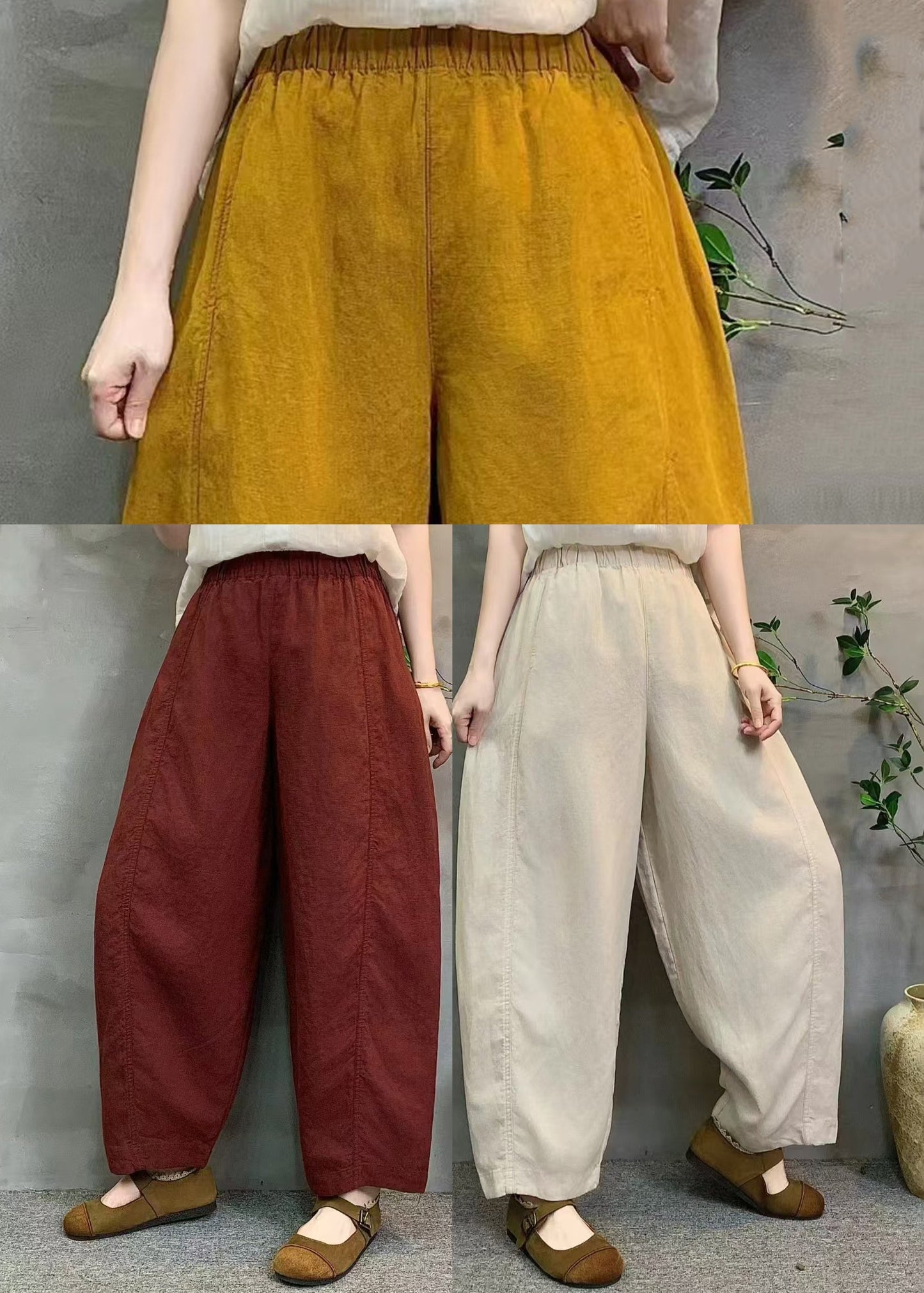 Elegant White Oversized Elastic Waist Linen Pants Summer