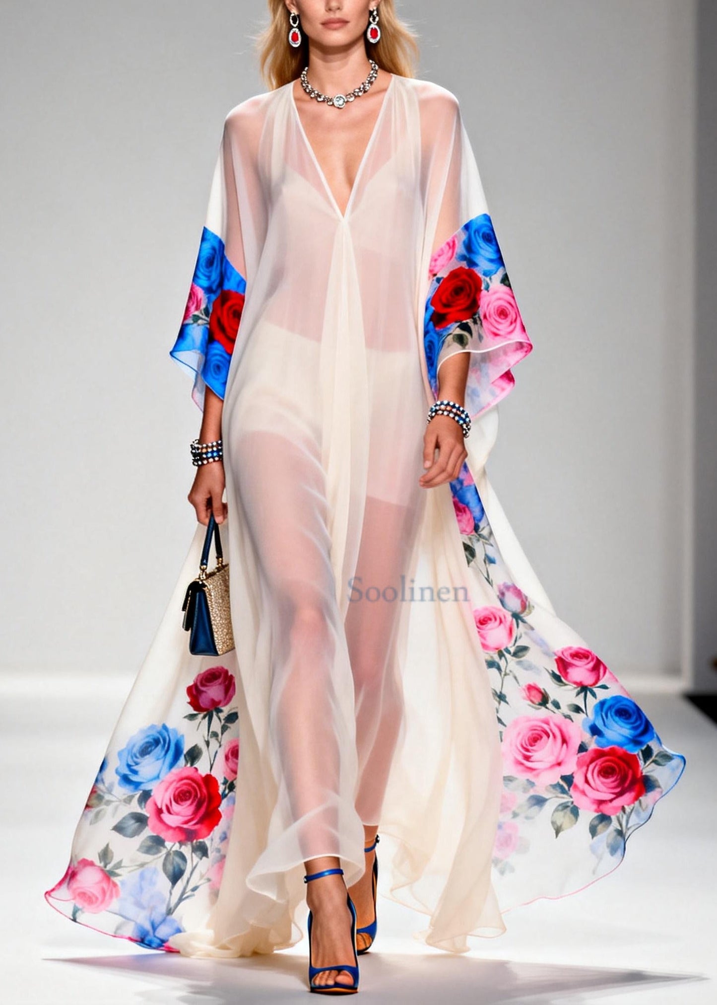 Elegant White Oversized Print Sheer Chiffon Maxi Dresses Summer