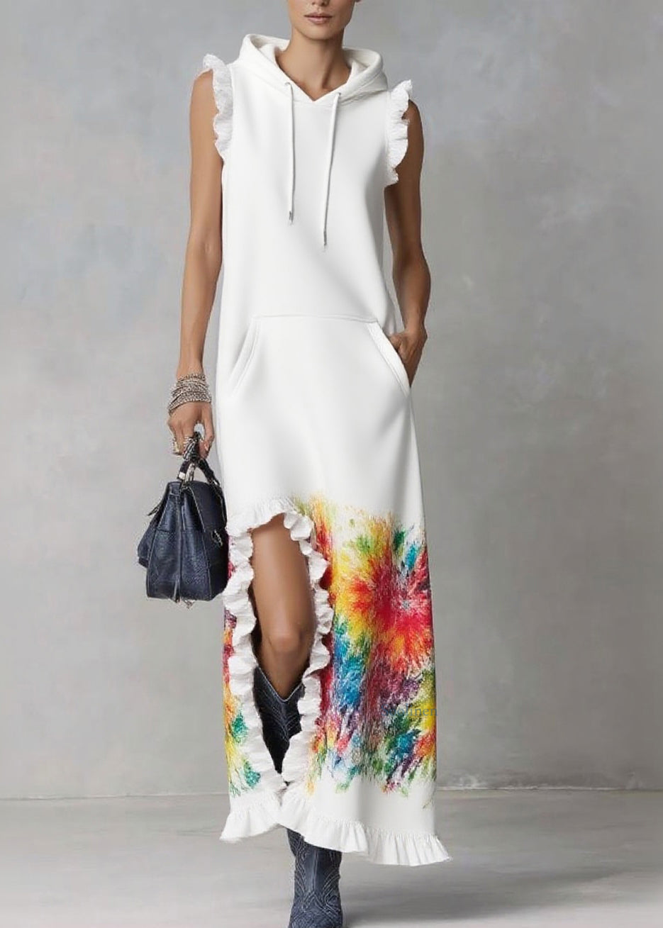 Elegant White Ruffled Print Drawstring Vacation Hooded Dresses Summer