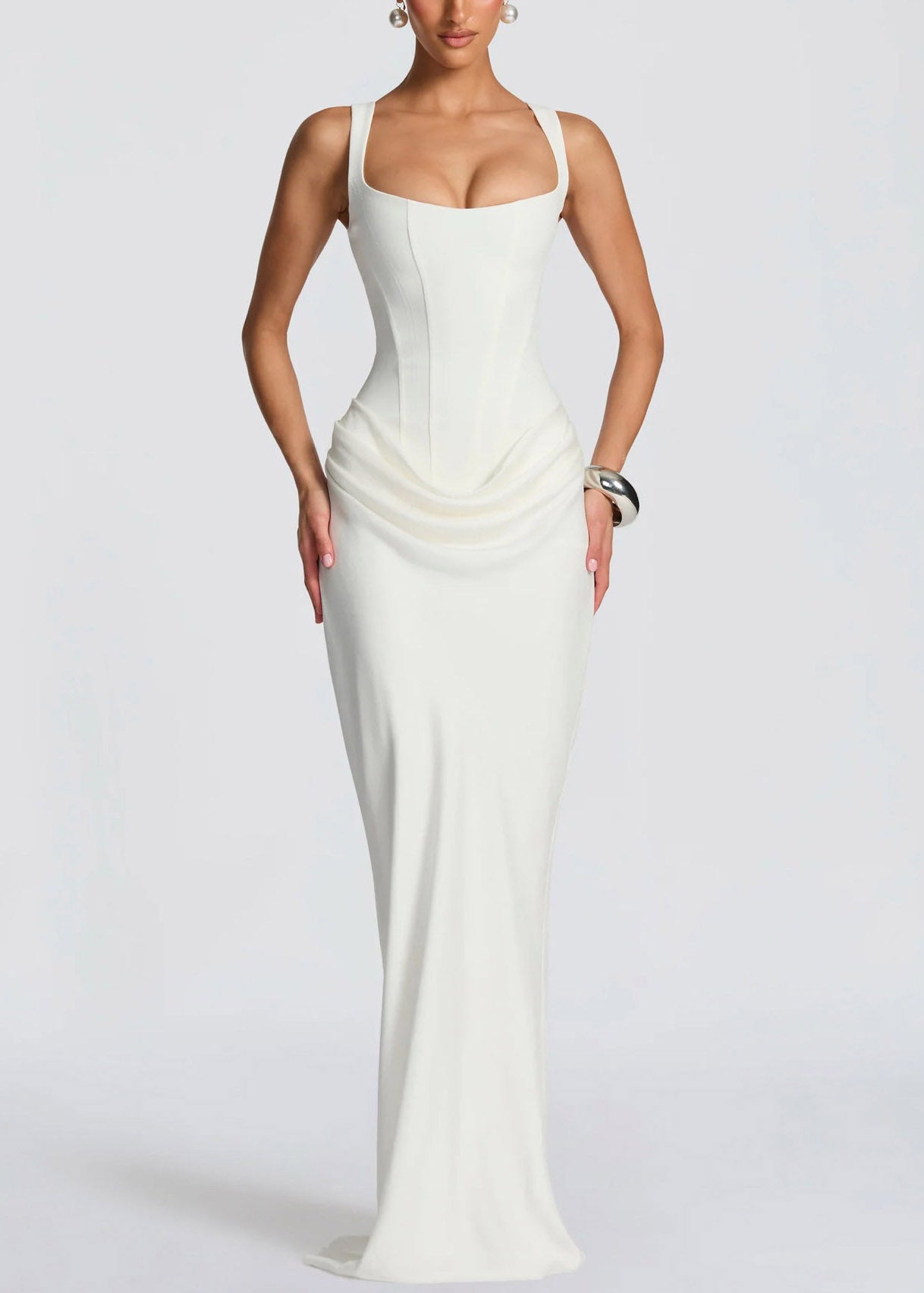 Elegant White Square Collar Flattering Maxi Spaghetti Strap Dress Sleeveless