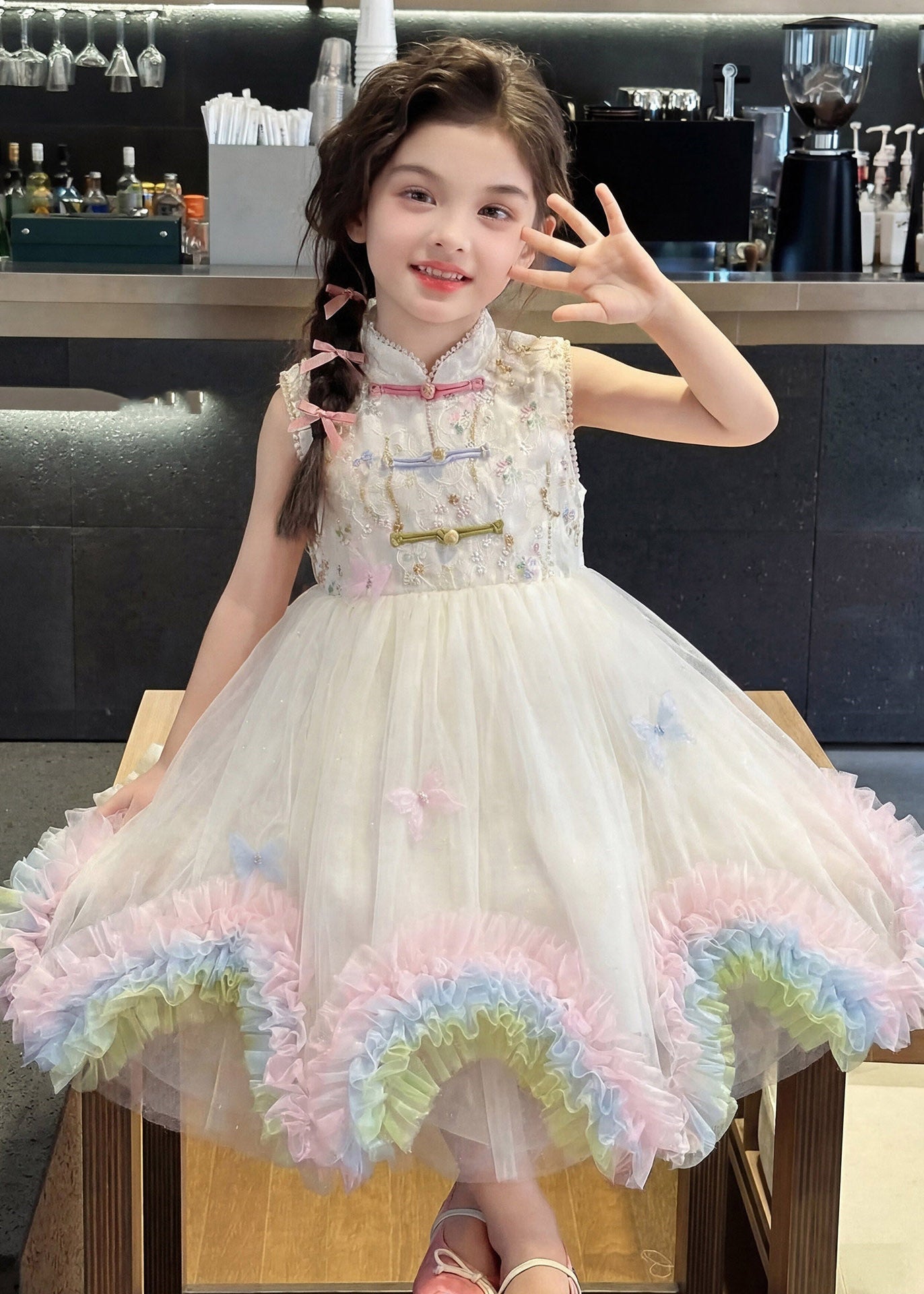 Elegant White Stand Collar Patchwork Tulle Kids Maxi Dresses Sleeveless