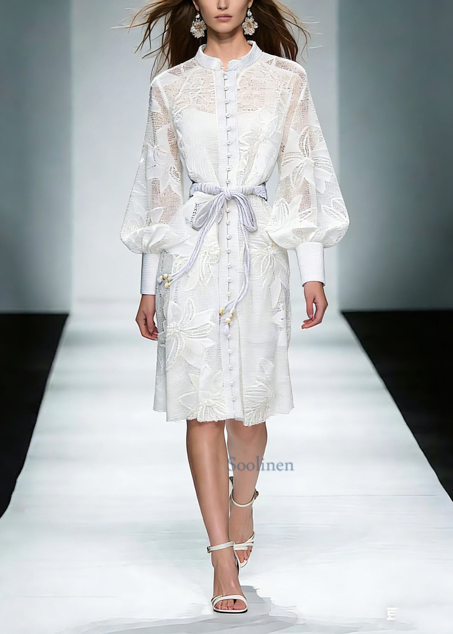Elegant White Stand Collar Tie Waist Maxi Shirts Dresses Lantern Sleeve