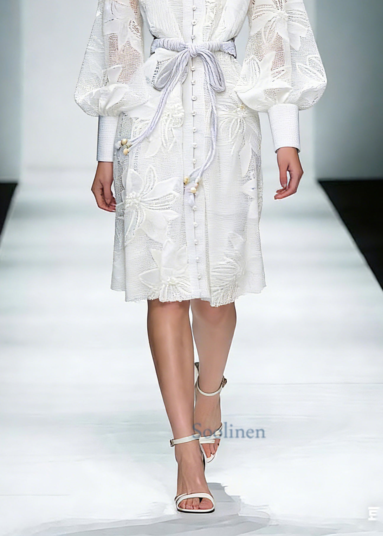 Elegant White Stand Collar Tie Waist Maxi Shirts Dresses Lantern Sleeve