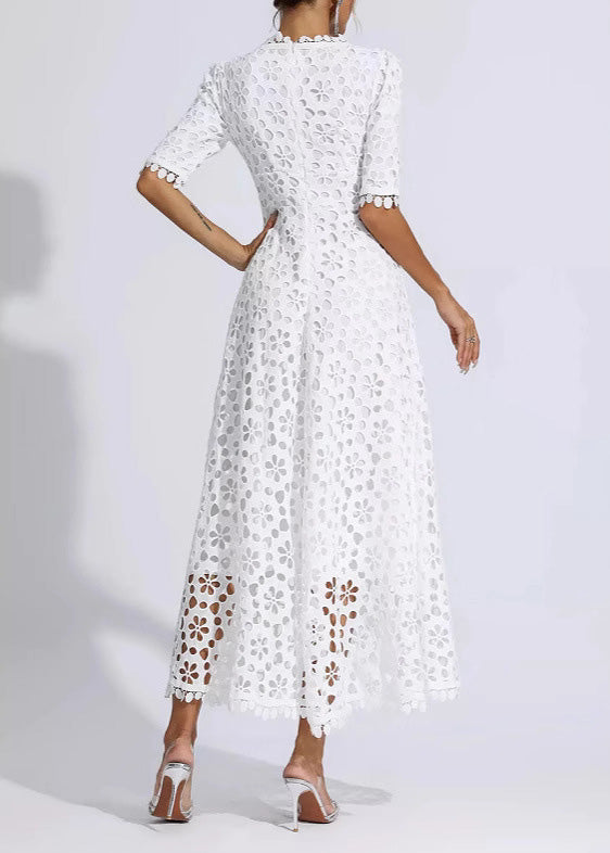 Elegant White V Neck Hollow Out Lace Dress Summer