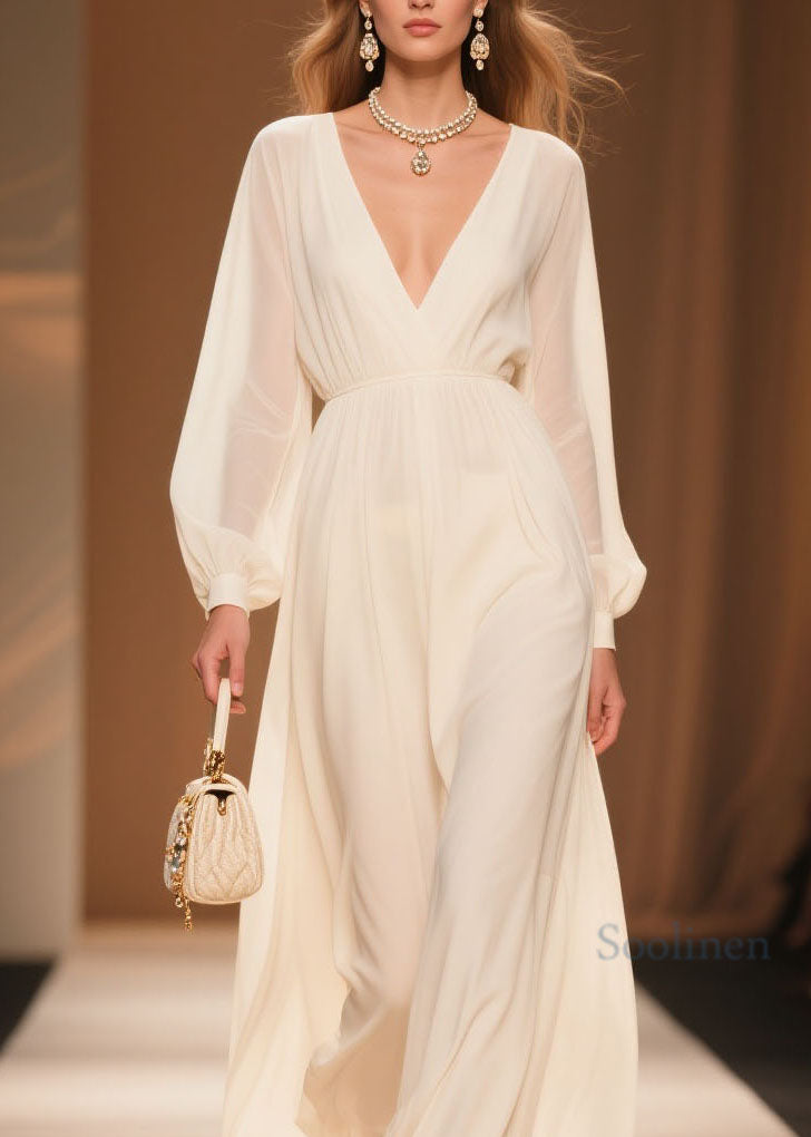 Elegant White V Neck Patchwork Chiffon Dress Spring