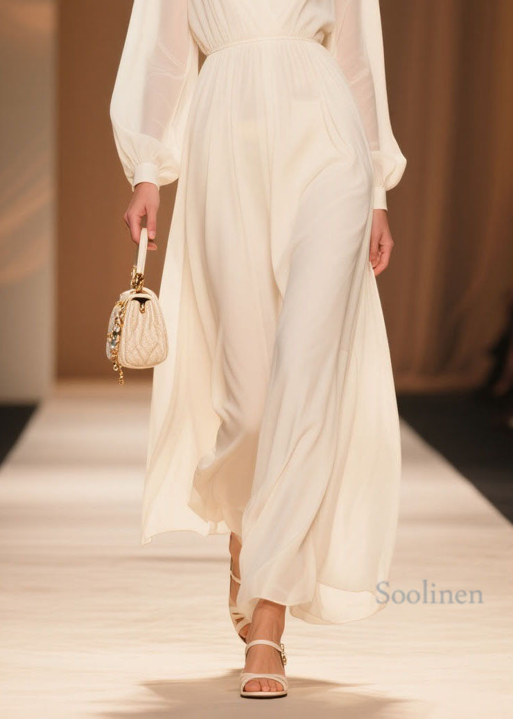 Elegant White V Neck Patchwork Chiffon Dress Spring