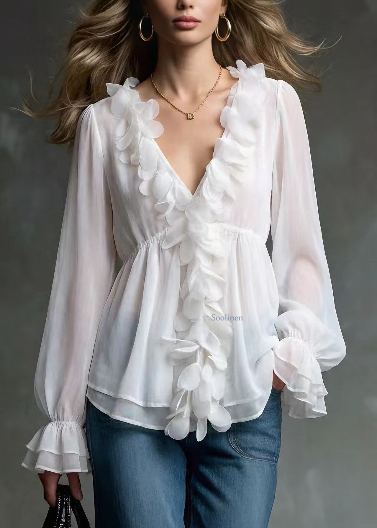 Elegant White V Neck Petal Chiffon Shirts Spring