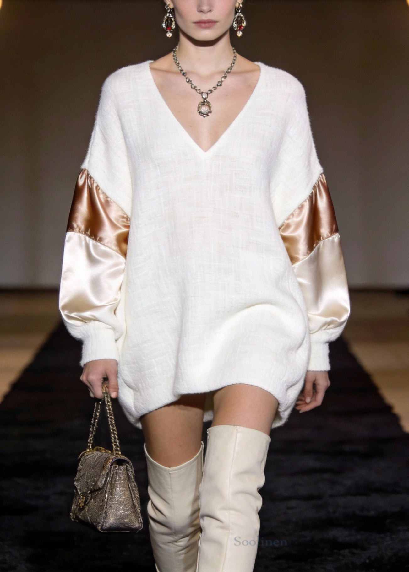 Elegant White V Neck Silk Patchwork Mini Dresses Spring