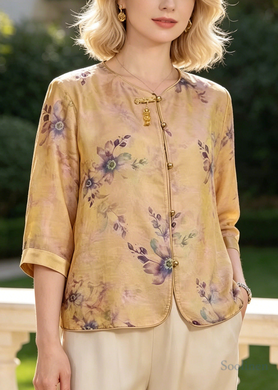 Elegant Yellow Print Silk Blouse Tops Bracelet Sleeve