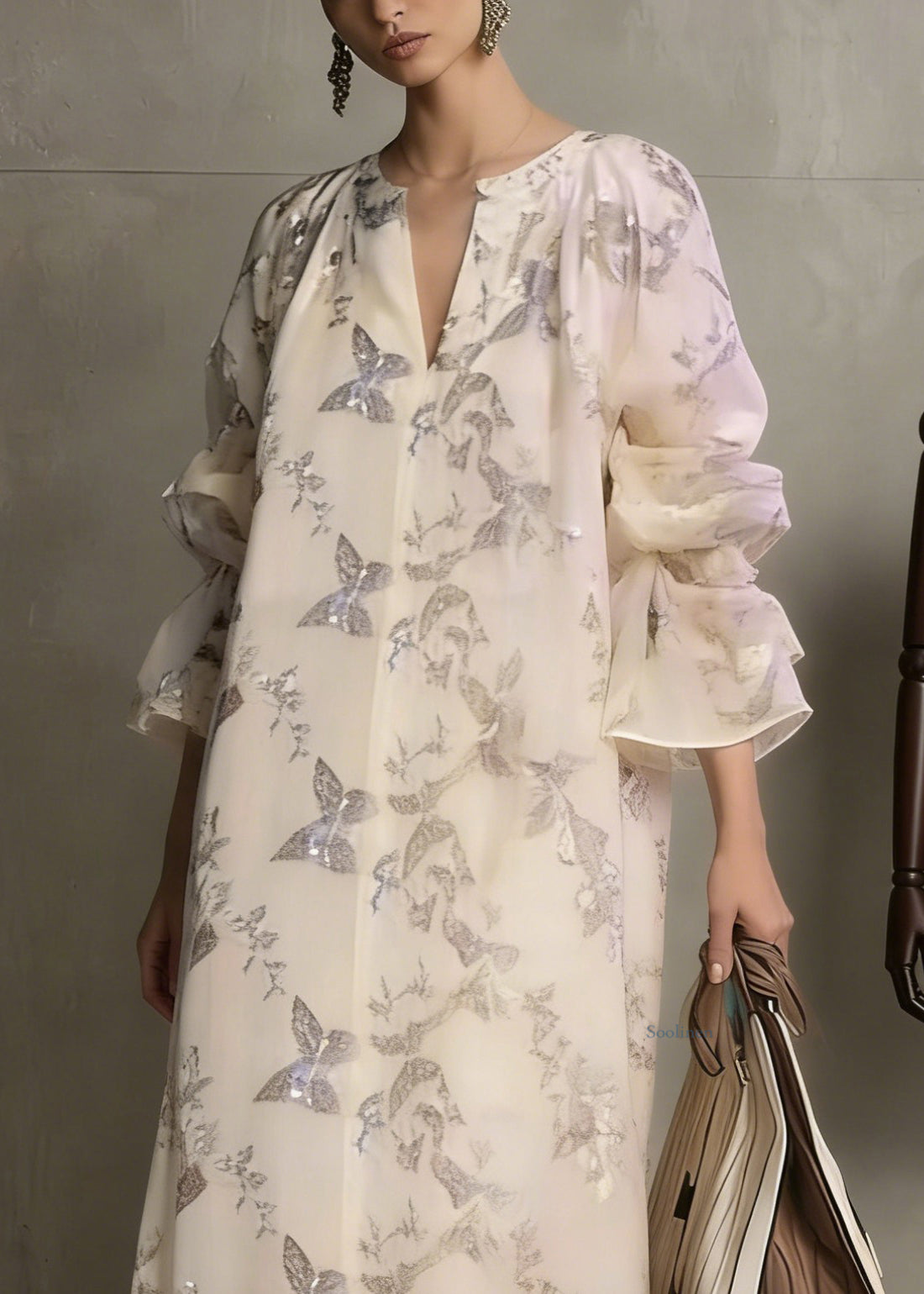 Fashion Apricot Butterfly Sequins Cotton Dress Flare Sleeve