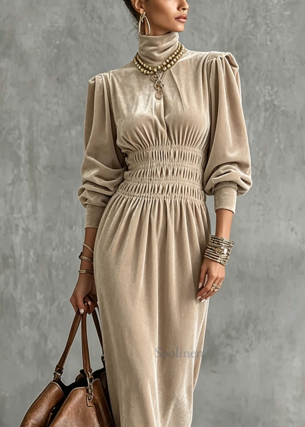 Fashion Apricot Hign Neck Wrinkled Patchwork Velvet Dress Lantern Sleeve