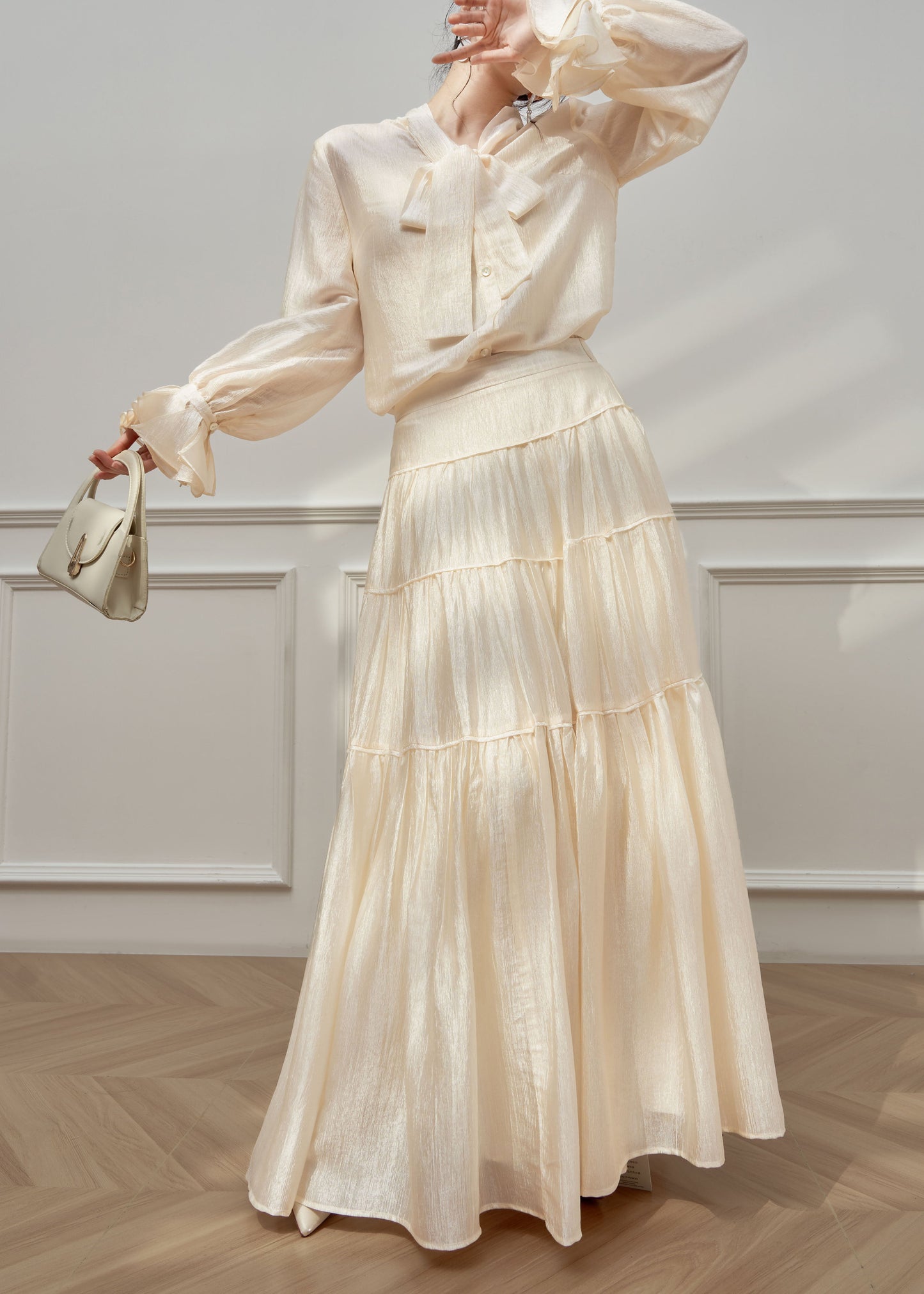 Fashion Apricot Petal Sleeve Shirts And Skirts Silk Two Pieces Set Spring