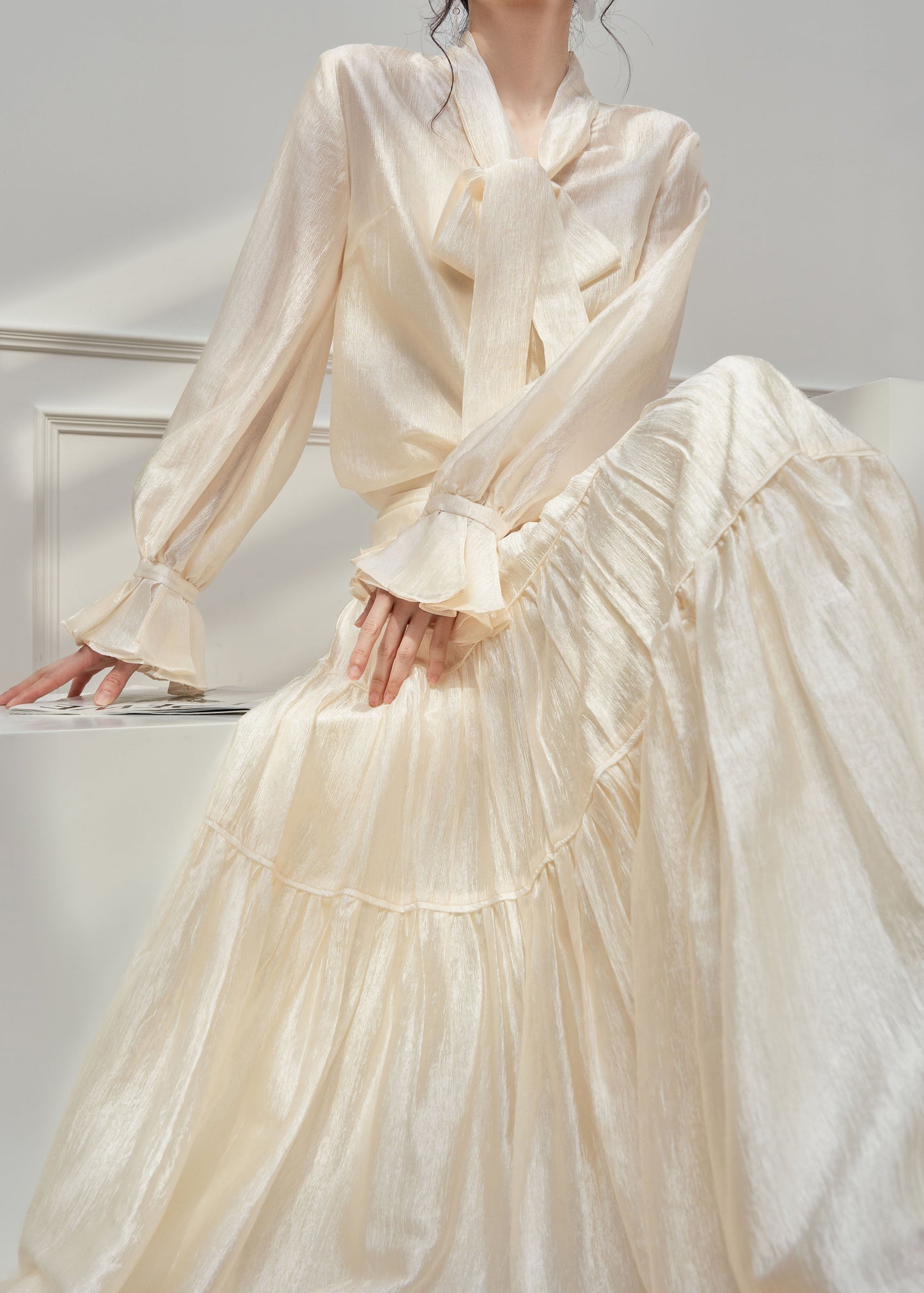 Fashion Apricot Petal Sleeve Shirts And Skirts Silk Two Pieces Set Spring