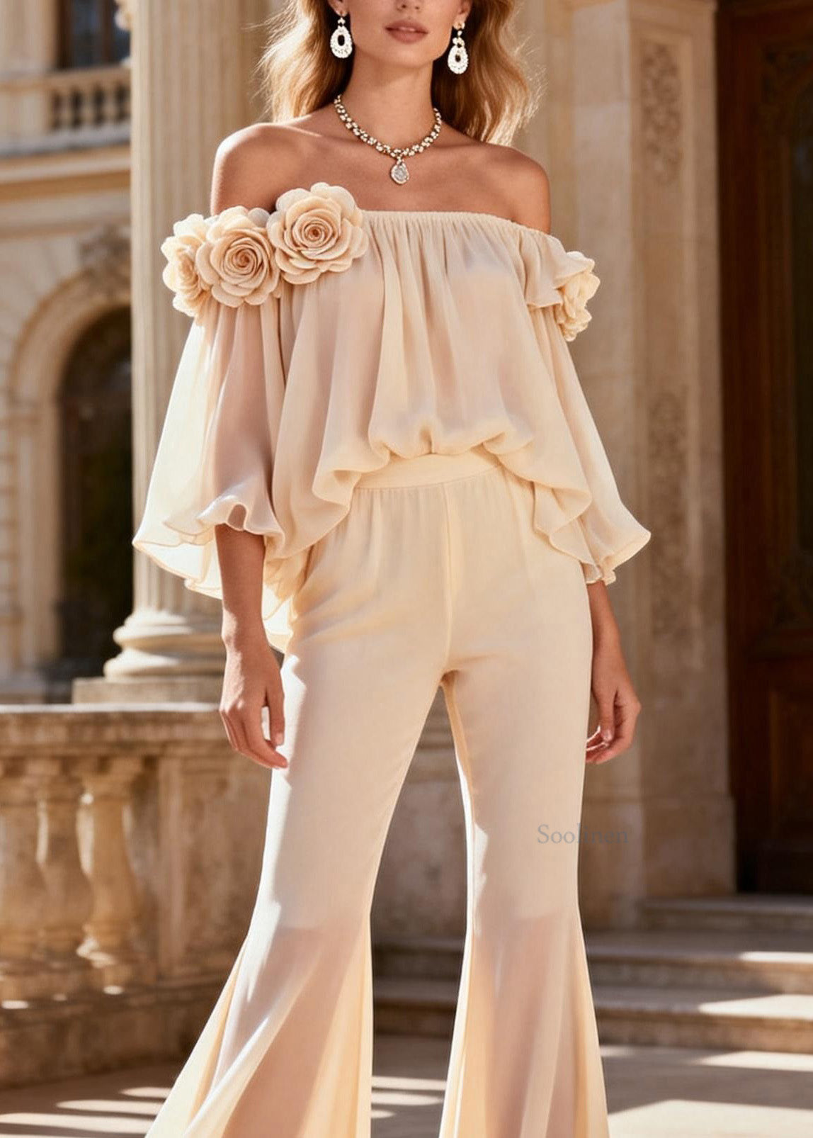 Fashion Beige Cold Shoulder Floral Silk Two Pieces Set Summer