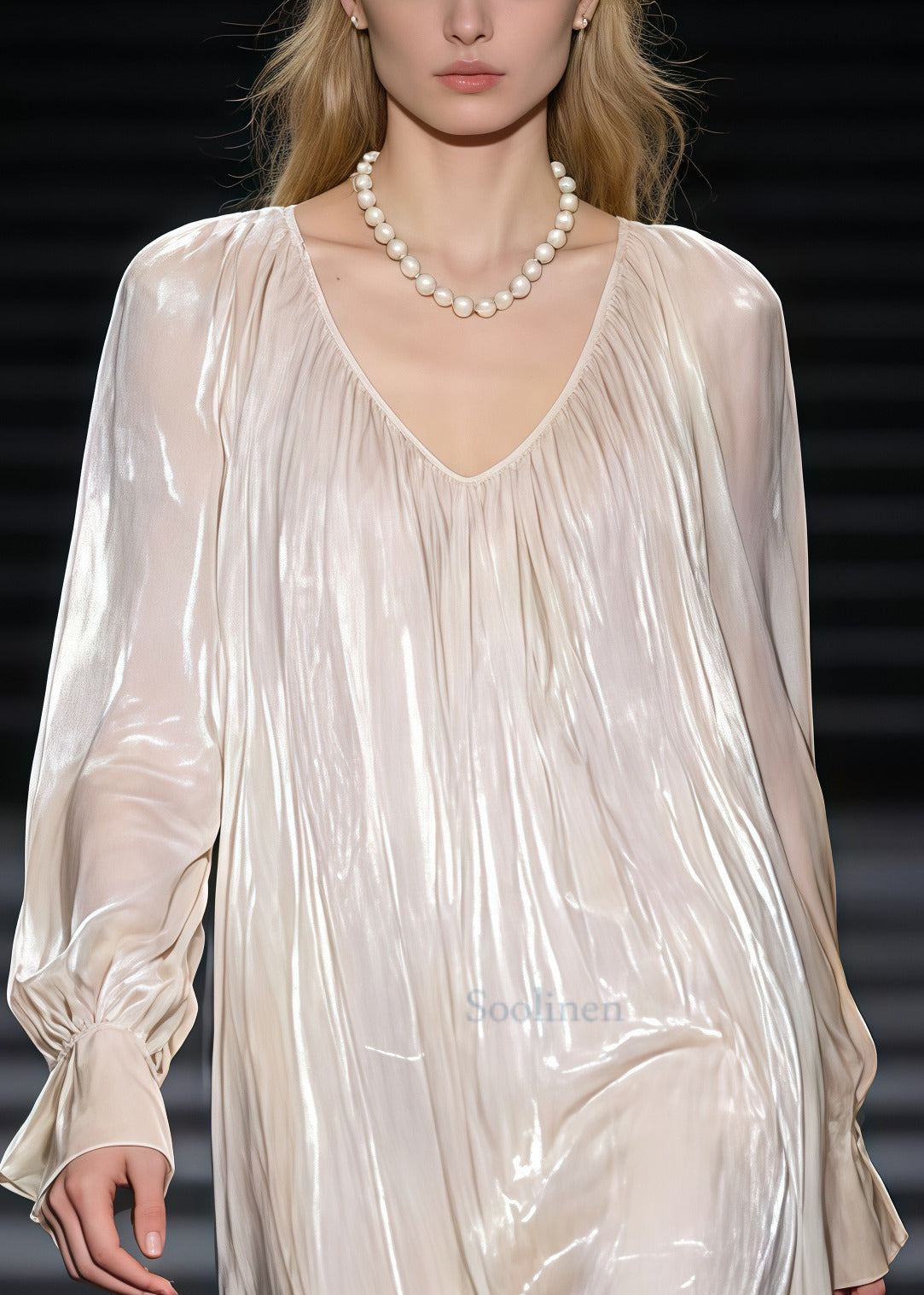 Fashion Beige Oversized Draping Silk Maxi Dress Spring