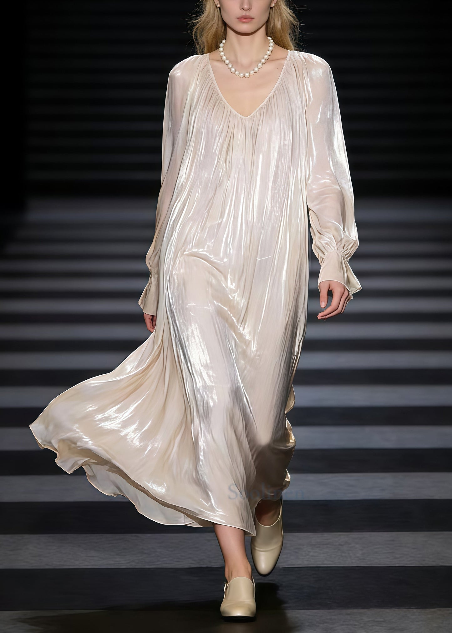 Fashion Beige Oversized Draping Silk Maxi Dress Spring