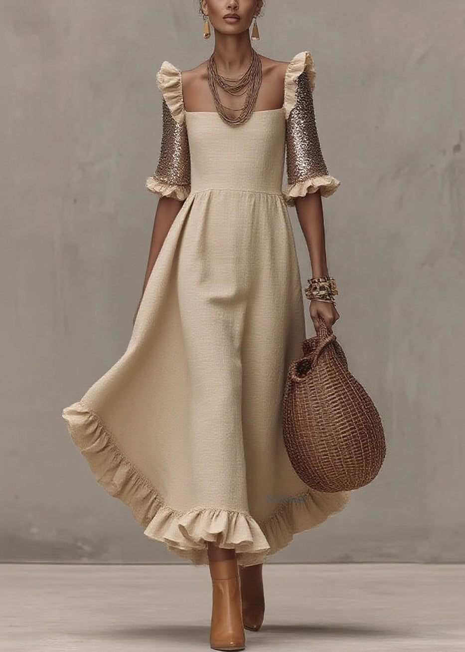 Fashion Beige Square Collar Ruffled Wrinkled Long Dress Summer